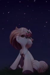 Size: 804x1200 | Tagged: safe, artist:melodylibris, oc, oc only, pony, unicorn, chest fluff, flower, flower in hair, looking up, necktie, night, solo, stars