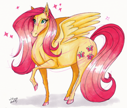 Size: 998x850 | Tagged: safe, artist:stray-sketches, fluttershy, pegasus, pony, g4, colored hooves, female, hoers, mare, raised hoof, signature, simple background, sketch, solo, sparkles, white background
