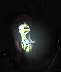 Size: 2480x2953 | Tagged: safe, artist:questionmarkdragon, fluttershy, mouse, pegasus, pony, g4, creepy, crying, dark, female, floppy ears, high res, lost, mare, monster, scared, solo, story in the source, tail