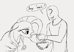 Size: 886x619 | Tagged: safe, artist:dotkwa, fluttershy, oc, oc:anon, human, pegasus, pony, g4, blanket, bowl, feeding, female, floppy ears, food, grayscale, male, mare, monochrome, open mouth, sick, soup, spoon, whiskers