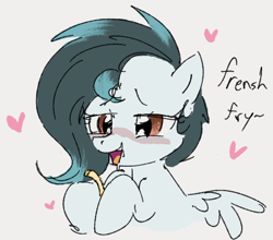 Size: 423x373 | Tagged: safe, artist:dotkwa, oc, oc only, oc:ethereal pelagia, pegasus, pony, drool, female, filly, floating heart, foal, food, french fries, gray background, heart, hoof hold, simple background, solo