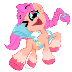 Size: 1280x1280 | Tagged: safe, artist:fraciss, sunny starscout, earth pony, pony, g5, bag, looking at you, one eye closed, simple background, smiling, smiling at you, solo, white background, wink, winking at you