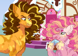 Size: 5796x4192 | Tagged: safe, artist:mysthooves, cheese sandwich, pinkie pie, earth pony, pony, g4, absurd resolution, alternate design, colored hooves, female, looking at each other, looking at someone, male, mare, ship:cheesepie, shipping, stallion, straight