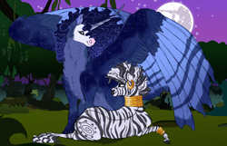 Size: 4790x3084 | Tagged: safe, artist:mysthooves, princess luna, zecora, alicorn, pony, zebra, g4, alternate design, bald face, black sclera, blaze (coat marking), bracelet, cheek fluff, chest fluff, closed mouth, coat markings, dark sclera, ear piercing, earring, elbow fluff, everfree forest, facial markings, female, gradient legs, hooped earrings, jewelry, leg fluff, lesbian, lidded eyes, looking at each other, looking at someone, lucora, lying down, mare, neck fluff, night, pale belly, partially open wings, piercing, prone, shipping, shoulder feathers, sitting, smiling, sparkly legs, sparkly mane, striped wings, wings