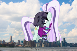 Size: 2160x1440 | Tagged: safe, artist:dashiesparkle, artist:thegiantponyfan, coloratura, earth pony, pony, g4, bracelet, clothes, countess coloratura, female, giant pony, giant/macro earth pony, giantess, highrise ponies, irl, jewelry, macro, manhattan, mare, mega giant, new york, new york city, open mouth, photo, ponies in real life, raised hoof, smiling, spiked wristband, story included, veil, wristband