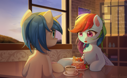 Size: 2850x1750 | Tagged: safe, artist:emeraldgalaxy, rainbow dash, oc, oc:dopami korpela, pegasus, pony, unicorn, g4, cafe, cake, canon x oc, chalkboard, chest fluff, coffee, coffee cup, commission, cottagecore, cup, cute, dashabetes, dating, dopadash, drink, female, food, horn, indoors, looking at each other, looking at someone, male, mare, mixed berry cake, shipping, sitting, stallion, straight, table, unicorn oc, window
