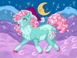 Size: 4024x3024 | Tagged: safe, artist:mysthooves, minty, pony, g3, g4, christmas, chubby, cute, g3 to g4, generation leap, hat, holiday, mintabetes, neck fluff, realistic horse legs, santa hat, solo, tongue out