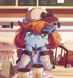 Size: 3787x4025 | Tagged: oc name needed, safe, artist:saxopi, oc, oc only, earth pony, semi-anthro, arm hooves, baseball cap, blurry background, bow, braided pigtails, brown mane, brown tail, cap, clothes, colored pupils, drink, drinking straw, earth pony oc, eye clipping through hair, eyebrows, eyebrows visible through hair, eyelashes, hat, high res, hoof on chin, looking at you, plastic cup, seat, signature, solo, table, tail