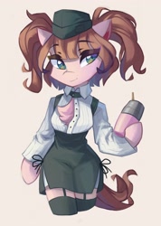 Size: 2916x4096 | Tagged: oc name needed, safe, artist:saxopi, oc, oc only, earth pony, semi-anthro, arm hooves, beige background, chest fluff, clothes, colored pupils, drink, drinking straw, earth pony oc, eyebrows, eyebrows visible through hair, eyelashes, garter belt, hat, high res, looking at something, open clothes, open shirt, pigtails, raised hoof, side slit, simple background, socks, solo, thigh highs, twintails, white shirt