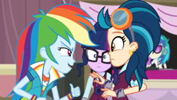 Size: 3410x1920 | Tagged: safe, screencap, dj pon-3, indigo zap, rainbow dash, sci-twi, twilight sparkle, vinyl scratch, equestria girls, g4, my little pony equestria girls: friendship games, clothes, cutie mark on clothes, female, glasses, high res, magic capture device, open mouth, open smile, smiling