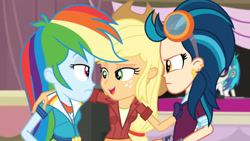 Size: 3410x1920 | Tagged: safe, screencap, applejack, dj pon-3, indigo zap, rainbow dash, vinyl scratch, equestria girls, g4, my little pony equestria girls: friendship games, applejack's hat, clothes, cowboy hat, cutie mark on clothes, female, hat, high res, open mouth, open smile, smiling