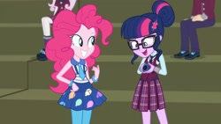 Size: 3410x1920 | Tagged: safe, screencap, fleur-de-lis, pinkie pie, sci-twi, twilight sparkle, equestria girls, g4, my little pony equestria girls: friendship games, clothes, cutie mark on clothes, duo focus, female, glasses, grin, high res, magic capture device, male, open mouth, open smile, smiling