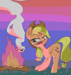 Size: 1750x1850 | Tagged: safe, artist:baigak, applejack, earth pony, pony, g4, applejack's hat, bonfire, cowboy hat, female, fire, food, hat, mare, marshmallow, mouth hold, roasted marshmallow, smoke, solo