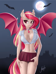 Size: 1024x1366 | Tagged: safe, artist:altumsan, oc, oc only, oc:ruby sanguine, bat pony, anthro, absolute cleavage, bat pony oc, bat wings, bedroom eyes, belly button, breasts, cleavage, clothes, commission, digital art, female, moon, night, pose, shirt, skirt, solo, spread wings, tail, tank top, thighs, wide hips, wings