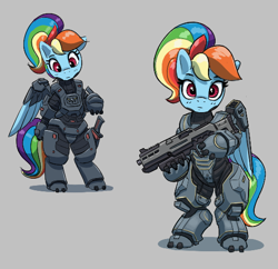 Size: 520x503 | Tagged: safe, artist:pabbley, rainbow dash, pegasus, pony, semi-anthro, g4, aggie.io, alternate hairstyle, arm hooves, armor, bipedal, female, gray background, gun, halo (series), looking at you, looking down, mare, powered exoskeleton, shotgun, simple background, weapon