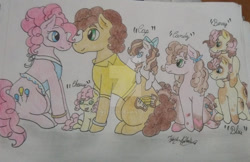 Size: 1024x664 | Tagged: safe, artist:monse2001, cheese sandwich, li'l cheese, pinkie pie, oc, pony, g4, the last problem, apron, baby, baby pony, clothes, colt, deviantart watermark, female, filly, foal, male, mare, naked apron, obtrusive watermark, offspring, parent:cheese sandwich, parent:pinkie pie, parents:cheesepie, partial nudity, stallion, traditional art, watermark
