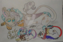 Size: 1920x1287 | Tagged: safe, artist:monse2001, oc, oc only, draconequus, hybrid, pony, deviantart watermark, draconequus oc, interspecies offspring, obtrusive watermark, offspring, parent:discord, parent:fluttershy, parent:princess celestia, parents:discoshy, parents:dislestia, traditional art, watermark