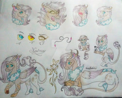 Size: 1920x1537 | Tagged: safe, artist:monse2001, oc, oc only, draconequus, hybrid, deviantart watermark, draconequus oc, heterochromia, interspecies offspring, obtrusive watermark, offspring, parent:discord, parent:fluttershy, parents:discoshy, reference sheet, traditional art, watermark