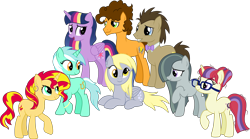 Size: 3990x2221 | Tagged: safe, artist:littlejurnalina, cheese sandwich, derpy hooves, doctor whooves, lyra heartstrings, marble pie, moondancer, sunset shimmer, time turner, twilight sparkle, alicorn, pony, g4, bowtie, high res, lying down, polyamory, prone, simple background, transparent background, twilight sparkle (alicorn)