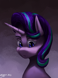 Size: 1000x1346 | Tagged: safe, artist:vezja, starlight glimmer, pony, unicorn, g4, abstract background, bust, female, horn, mare, portrait, signature, simple background, solo