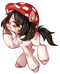 Size: 632x776 | Tagged: safe, artist:miioko, oc, oc only, earth pony, pony, blushing, crying, deviantart watermark, earth pony oc, hat, mushroom, obtrusive watermark, raised hoof, solo, unshorn fetlocks, watermark