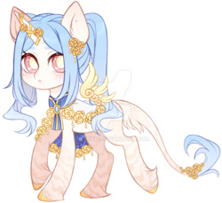 Size: 1024x939 | Tagged: safe, artist:miioko, oc, oc only, alicorn, pony, alicorn oc, clothes, deviantart watermark, female, hoof fluff, horn, horn jewelry, jewelry, leonine tail, mare, obtrusive watermark, simple background, solo, tail, watermark, white background, wings