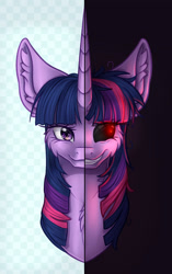 Size: 1024x1628 | Tagged: safe, artist:maneblue, twilight sparkle, pony, unicorn, g4, black sclera, bust, chest fluff, ear fluff, grin, smiling, solo, split screen, unicorn twilight