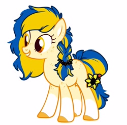 Size: 4096x4014 | Tagged: safe, artist:kiiitssss, oc, oc only, oc:ukraine, earth pony, pony, absurd resolution, braid, coat markings, colored hooves, earth pony oc, female, flower, flower in tail, freckles, full body, grin, hooves, mare, nation ponies, show accurate, simple background, smiling, socks (coat markings), solo, standing, sunflower, tail, two toned mane, two toned tail, ukraine, white background