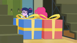 Size: 3410x1920 | Tagged: safe, screencap, pinkie pie, sci-twi, twilight sparkle, equestria girls, g4, my little pony equestria girls: friendship games, duo, duo female, eyes closed, female, glasses, high res, present