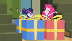 Size: 3410x1920 | Tagged: safe, screencap, pinkie pie, sci-twi, twilight sparkle, equestria girls, g4, my little pony equestria girls: friendship games, cute, diapinkes, duo, duo female, eyes closed, female, glasses, high res, present, smiling