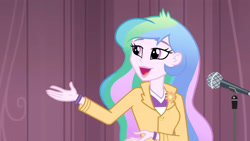 Size: 3410x1920 | Tagged: safe, screencap, princess celestia, principal celestia, equestria girls, g4, my little pony equestria girls: friendship games, female, high res, microphone, open mouth, open smile, smiling, solo