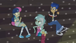 Size: 3410x1920 | Tagged: safe, screencap, bon bon, flash sentry, lyra heartstrings, sweetie drops, equestria girls, g4, my little pony equestria girls: friendship games, boots, clothes, eyes closed, female, high res, jacket, leather, leather jacket, male, shoes, smiling, trio