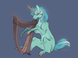 Size: 2647x1962 | Tagged: safe, artist:hazepages, lyra heartstrings, pony, unicorn, g4, blue background, cloven hooves, colored horn, harp, horn, missing cutie mark, musical instrument, simple background, solo