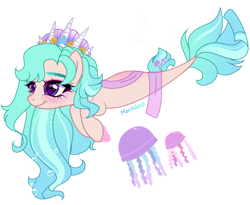 Size: 1024x841 | Tagged: safe, artist:marihht, oc, oc only, jellyfish, seapony (g4), adoptable, blue mane, blushing, bubble, crown, dorsal fin, female, fins, fish tail, flowing mane, jewelry, purple eyes, regalia, seashell, signature, simple background, smiling, solo, swimming, tail, transparent background, underwater