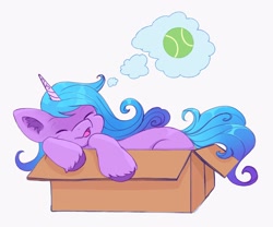 Size: 2048x1702 | Tagged: safe, artist:saphypone, izzy moonbow, pony, unicorn, g5, ball, box, cute, ear fluff, female, if i fits i sits, izzy's tennis ball, izzybetes, lying down, mare, on side, open mouth, pony in a box, simple background, sleeping, solo, tennis ball, that pony sure does love tennis balls, unshorn fetlocks, white background, ych example, your character here