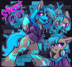 Size: 2367x2209 | Tagged: safe, artist:drawtheuniverse, oc, oc only, oc:street cred, earth pony, pony, bipedal, clothes, headset, high res, hoodie, mask, solo