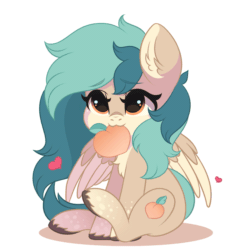 Size: 1397x1397 | Tagged: safe, artist:yomechka, oc, oc only, oc:peacher, pegasus, pony, :3, animated, chest fluff, colored ear fluff, colored wings, commission, cute, ear fluff, female, food, gif, heart, herbivore, looking at you, mare, mouth hold, ocbetes, pale belly, peach, pegasus oc, simple background, solo, tail, tail wag, two toned mane, two toned tail, two toned wings, white background, wings, ych animation, ych result