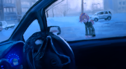 Size: 1931x1064 | Tagged: safe, artist:menalia, oc, oc only, unnamed oc, earth pony, pony, building, car, car interior, city, clothes, earth pony oc, female, hair over one eye, jacket, looking at you, mare, pants, shoes, snow, tree