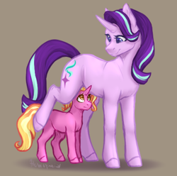 Size: 868x861 | Tagged: safe, artist:kimyowolf, luster dawn, starlight glimmer, pony, unicorn, g4, duo, female, filly, filly luster dawn, foal, luster dawn is starlight's and sunburst's daughter, mare, mother and child, mother and daughter, parent and child, parent:starlight glimmer, parent:sunburst, parents:starburst, simple background, younger