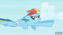 Size: 640x360 | Tagged: safe, screencap, rainbow dash, pegasus, pony, g4, griffon the brush off, season 1, animated, eyes closed, female, flying, gif, gifs.com, mare, open mouth, rainbow crash, solo, spread wings, wings