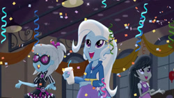 Size: 3410x1920 | Tagged: safe, screencap, octavia melody, photo finish, trixie, equestria girls, g4, my little pony equestria girls: friendship games, balloon, clothes, confetti, cutie mark on clothes, female, hairpin, high res, jacket, open mouth, open smile, smiling, streamers, trio