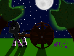 Size: 800x600 | Tagged: safe, artist:lukasz, oc, oc only, oc:ogon, earth pony, pony, cart, clothes, eyelashes, female, grass, mare, moon, night, outdoors, sky, socks, solo, stars, striped socks, tree