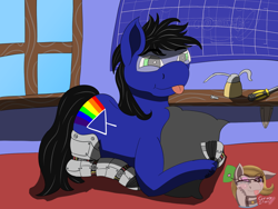 Size: 1600x1200 | Tagged: safe, artist:gray star, oc, oc only, oc:biff, cyber pony, blueprint, commission, cybernetic legs, hug, male, pillow, pillow hug, stallion