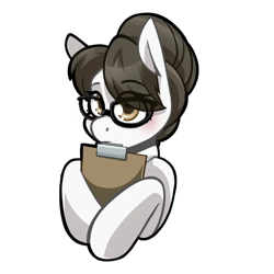 Size: 650x650 | Tagged: safe, artist:lrusu, raven, writing desk, bangs, blushing, clipboard, cute, female, glasses, hair bun, looking at you, looking back, looking back at you, mare, simple background, solo, white background