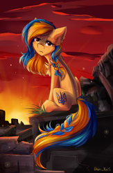 Size: 1824x2798 | Tagged: safe, alternate version, artist:yuris, oc, oc only, oc:ukraine, earth pony, pony, butt, current events, earth pony oc, nation ponies, plot, ruins, sad, solo, sunset, textless, two toned mane, ukraine, war