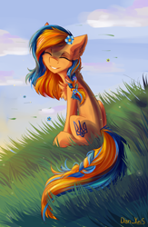 Size: 1824x2798 | Tagged: safe, alternate version, artist:yuris, oc, oc only, oc:ukraine, earth pony, pony, braid, cute, earth pony oc, field, flower, flower in hair, good end, nation ponies, smiling, solo, two toned mane, ukraine