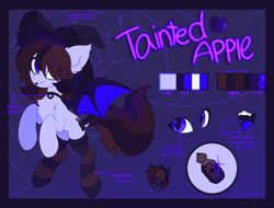 Size: 1398x1063 | Tagged: safe, artist:flixanoa, oc, oc:tainted apple, bat pony, :p, apple, bat wings, clothes, cute, ear fluff, eye clipping through hair, female, floppy ears, food, halloween, happy, hat, holiday, mare, reference sheet, socks, solo, sparkles, tongue out, wings, witch, witch hat