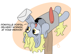 Size: 1786x1375 | Tagged: safe, artist:doodledonutart, derpy hooves, pegasus, pony, g4, chest fluff, comic, delivery pony, derpy inside a mailbox, letter, mailbox, mailmare, oops my bad, simple background, solo, upside down, white background
