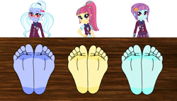 Size: 1280x733 | Tagged: safe, artist:billybonko, sour sweet, sugarcoat, sunny flare, equestria girls, g4, barefoot, feet, fetish, foot fetish, foot focus, simple background, stocks, toes, transparent background