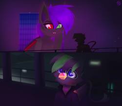 Size: 6000x5200 | Tagged: safe, alternate version, artist:toxinagraphica, oc, oc only, oc:dreary, oc:heter dark, bat pony, griffon, pony, :c, :d, absurd file size, absurd resolution, bandaid, bandaid on nose, blade runner, blade runner 2049, blood, bridge, building, cheek fluff, clothes, coat, duo, ear fluff, eyelashes, fangs, female, fluffy, folded wings, frown, glowing, injured, male, mare, meme, night, open mouth, open smile, patch, ponified, retro, sad, signature, sky, smiling, textless version, vhs, water, wings